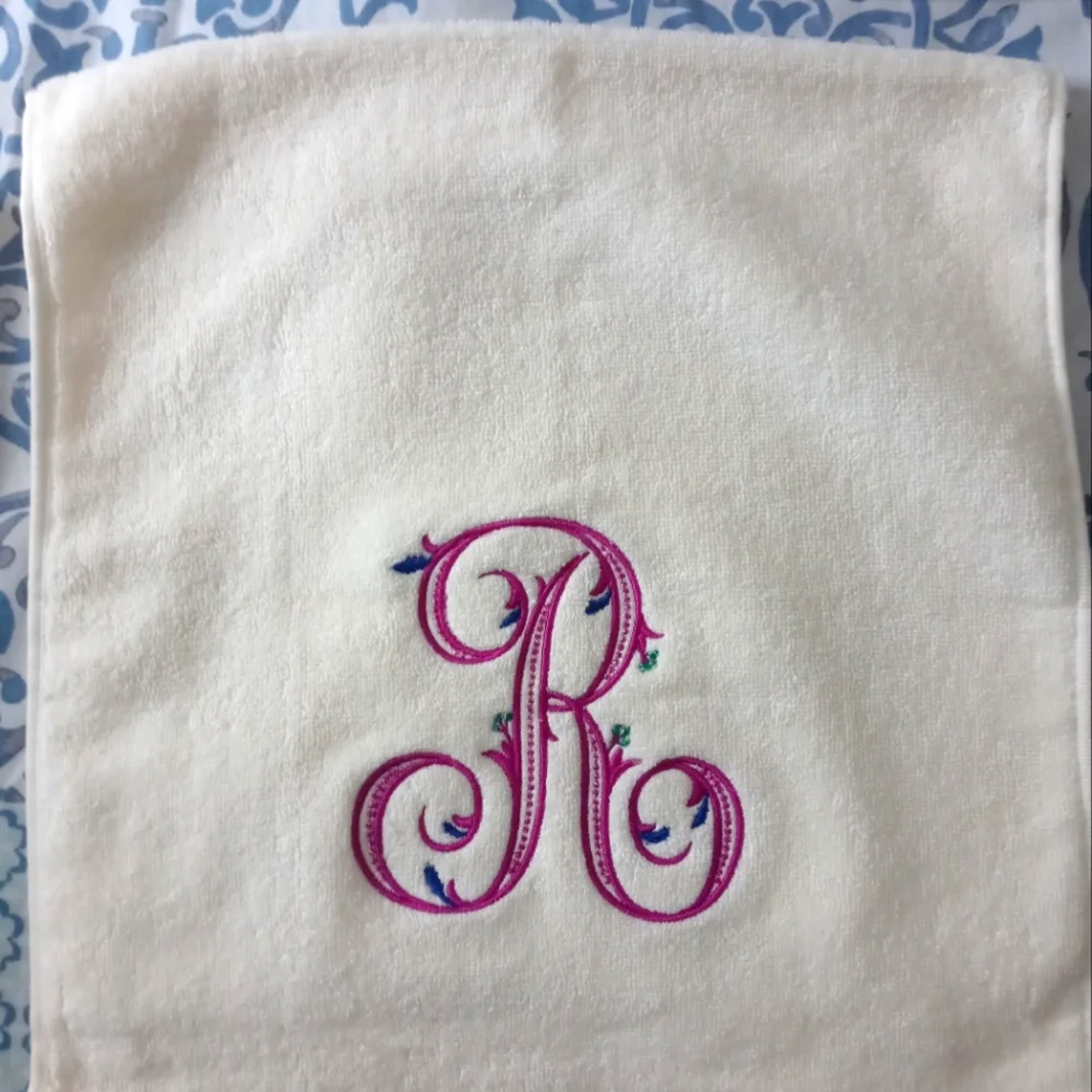 Hand Towels 28 x 13 White with Multicolor Monogram R (2)